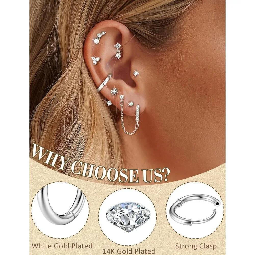 Small Hoop Earrings Set Women Hypoallergenic 14K Gold Steel Multiple Piercing